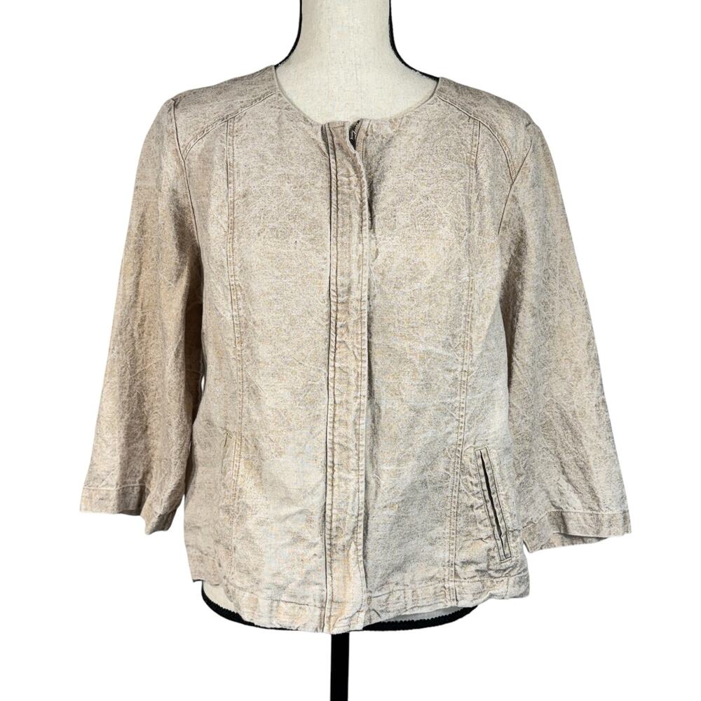 Chico’s SZ 2 (12/14) Linen Jacket Full-Zip 3/4 Sleeves Pockets Round Neck Beige